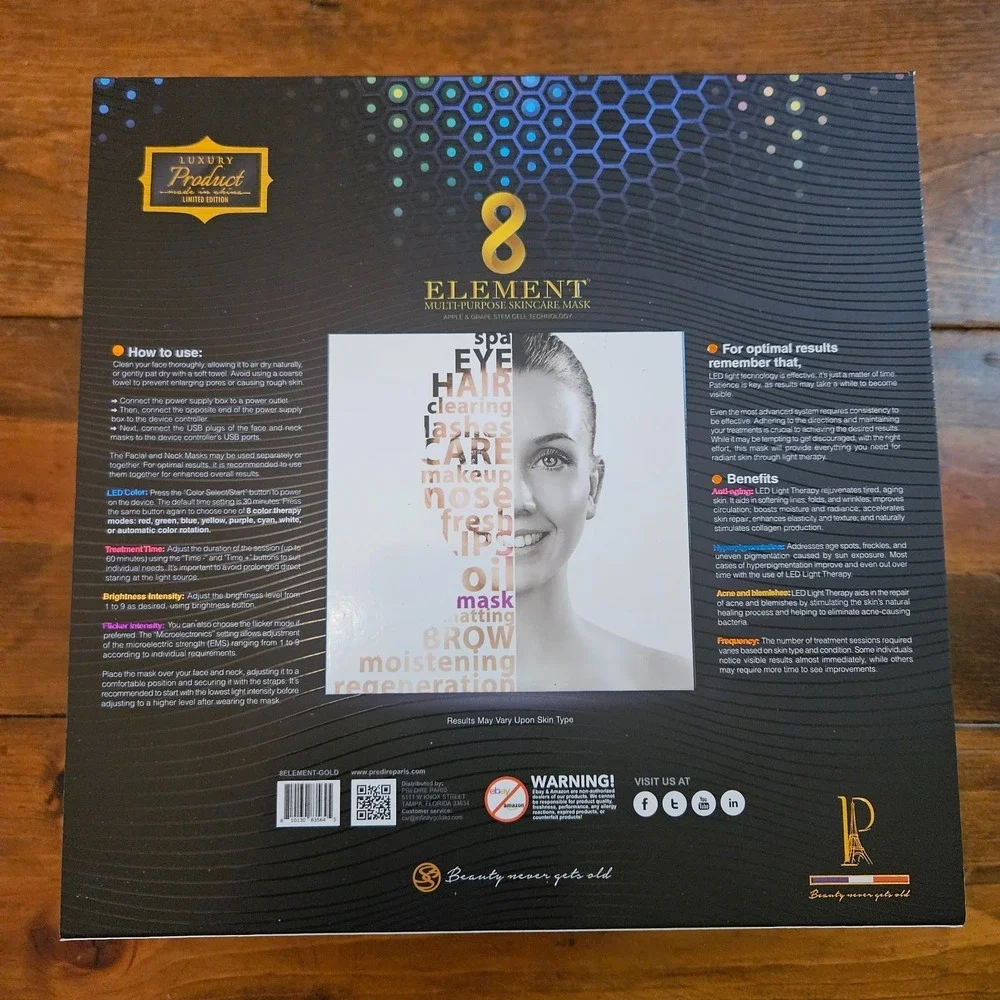 Predire Paris 8 Element LED Light Therapy Face & Neck Skincare Mask New